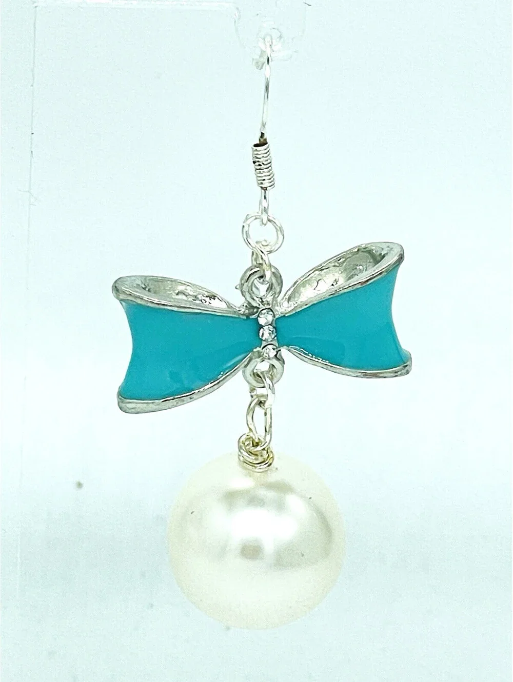 Enamel Blue Bow Large Pearl Drop Earrings Handmade French Hooks Silvertone 15mm